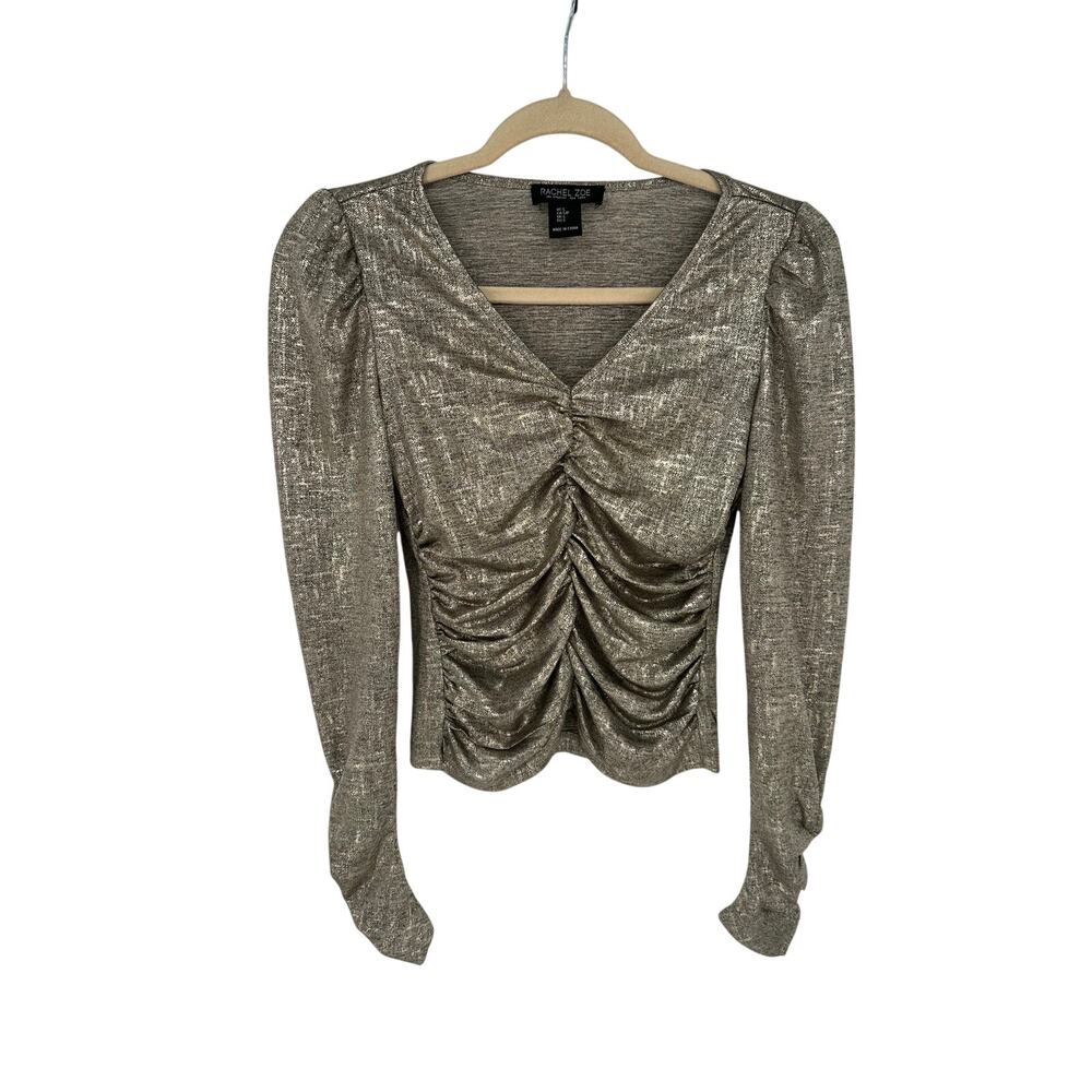 Rachel Zoe Gold Metallic Ruched V-Neck Blouse Long Sleeve Party Holidays S